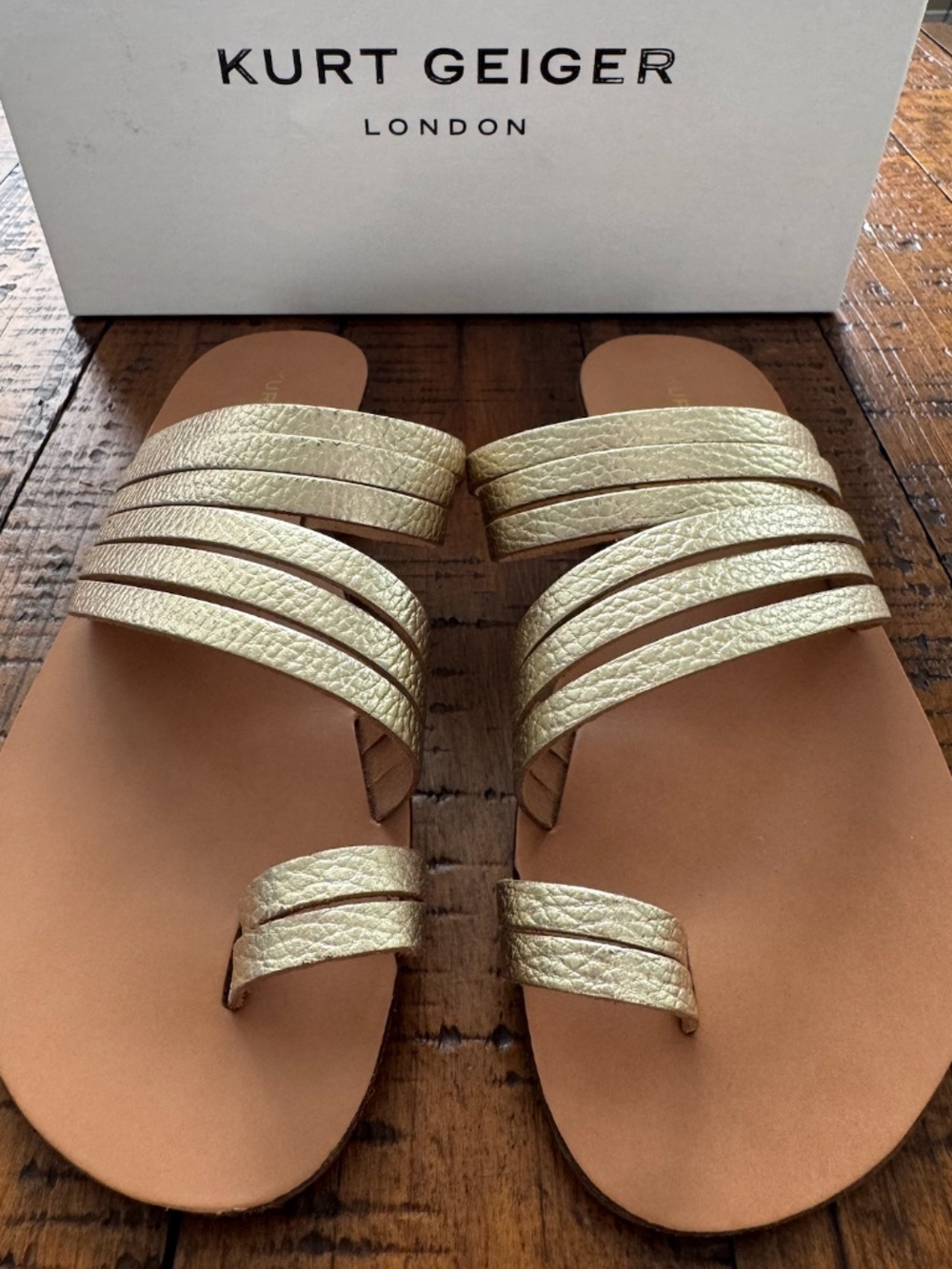 Kurt Geiger London "Deliah" Gold Metallic Leather Flat Sandals 8.5